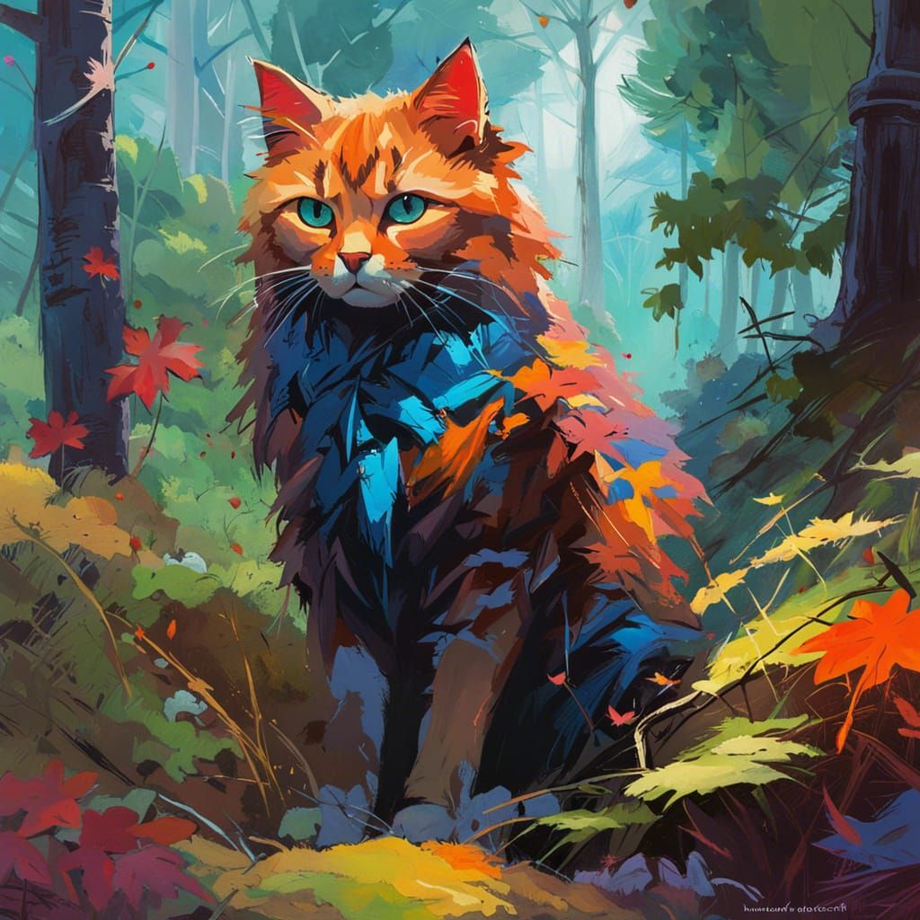 Mythical Cat in Hawaiian Forest, Gouache Painting