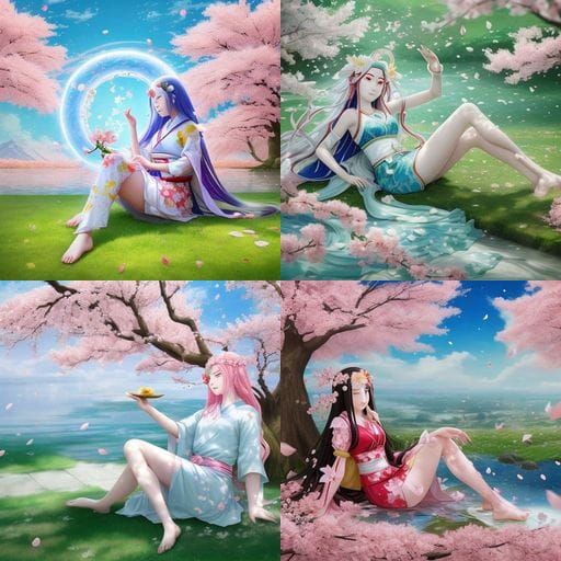 Goddess Amaterasu in Tranquil Sakura Scene