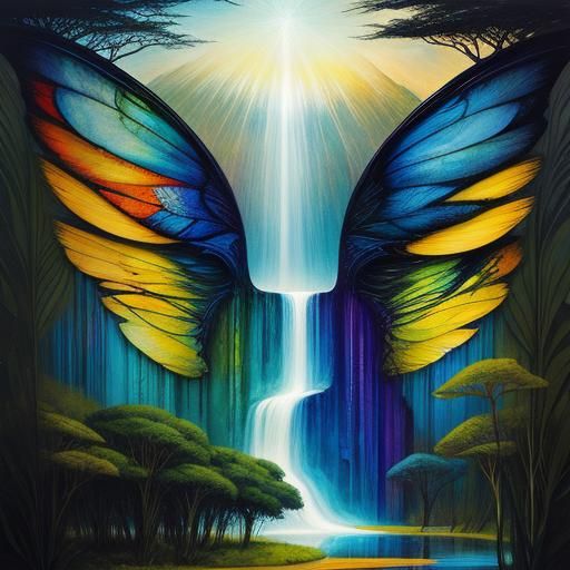 Winged Serengeti Landscape in Vibrant Prismatic Colors