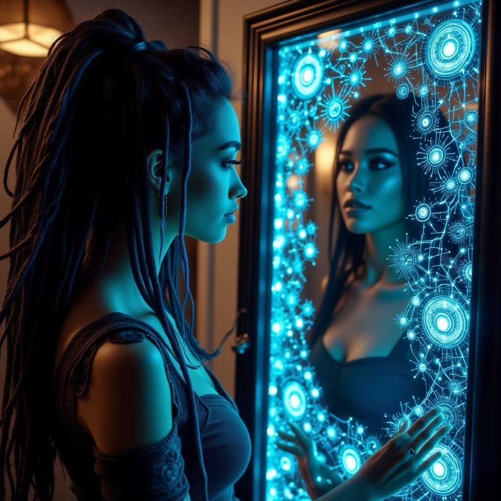 Dreamy Woman and Bioluminescent Cyberpunk Mirror