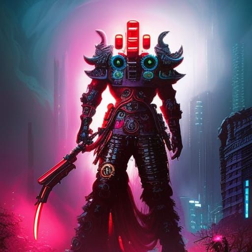 Bioluminescent Mech Samurai Warrior in Biopunk Style