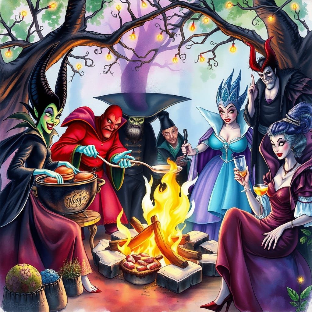 Disney Villains' Whimsical Watercolor Cookout