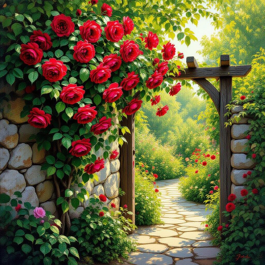 Crimson Rose Climbs Garden Wall and Trellis