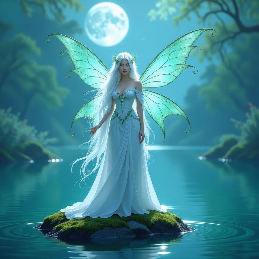 Ethereal Fairy Queen with Emerald Wings in Moonlight