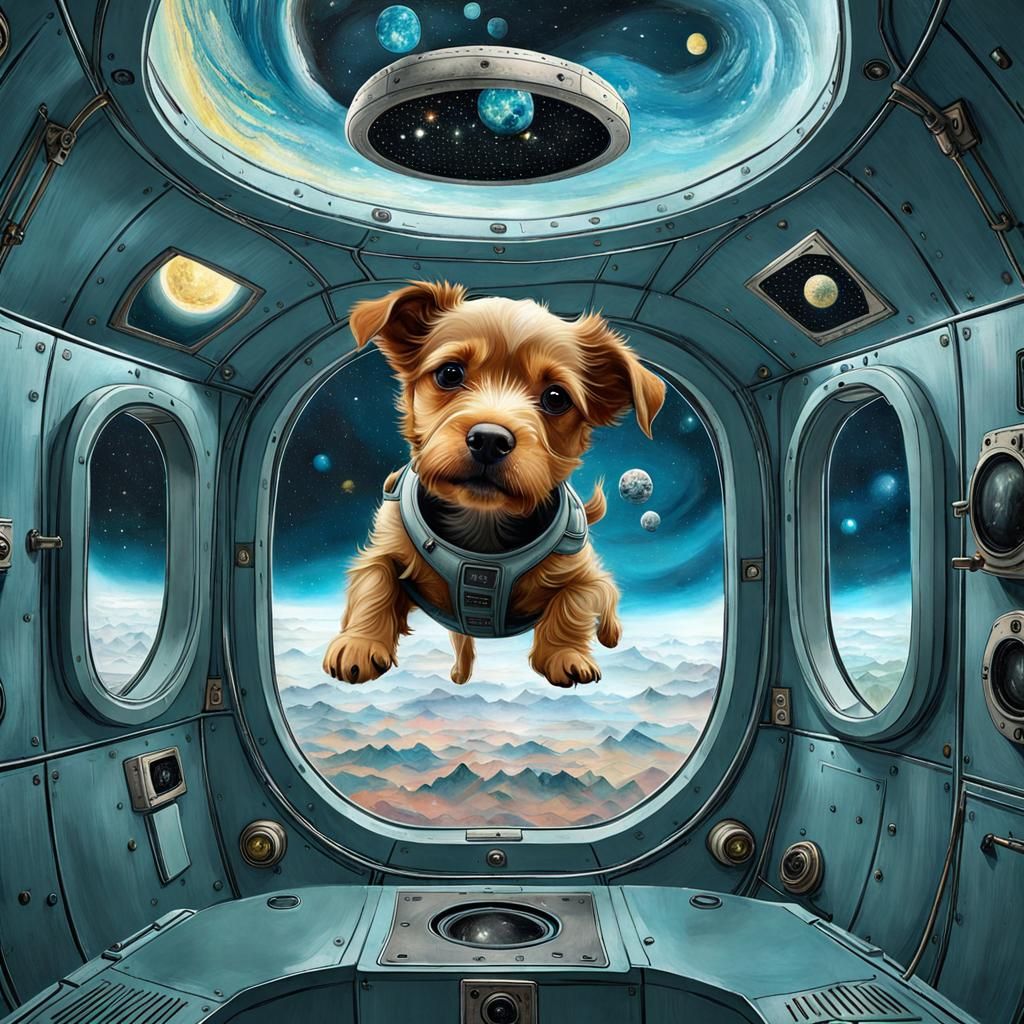 Surprised Puppy Floats Weightless in Spaceship Cabin