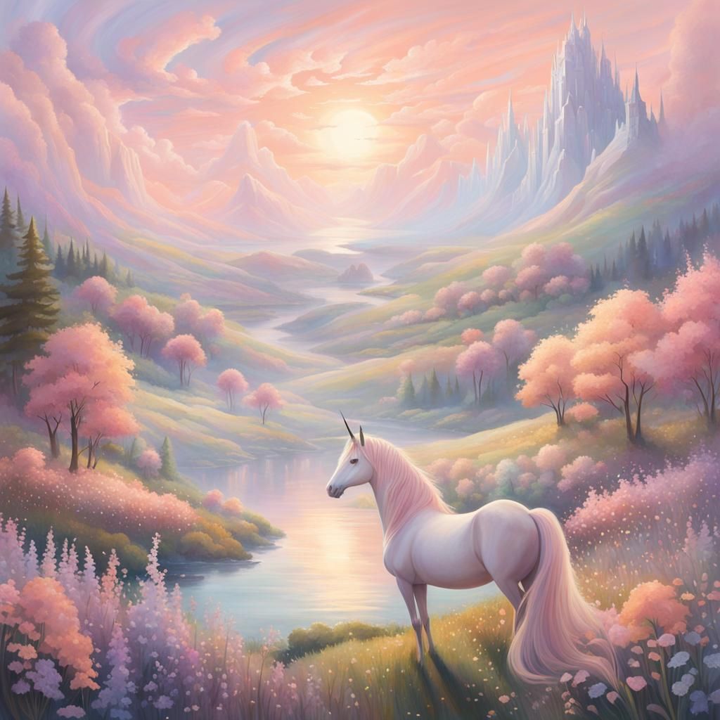 Pastel Fantasy Landscape with Unicorns and Fairies