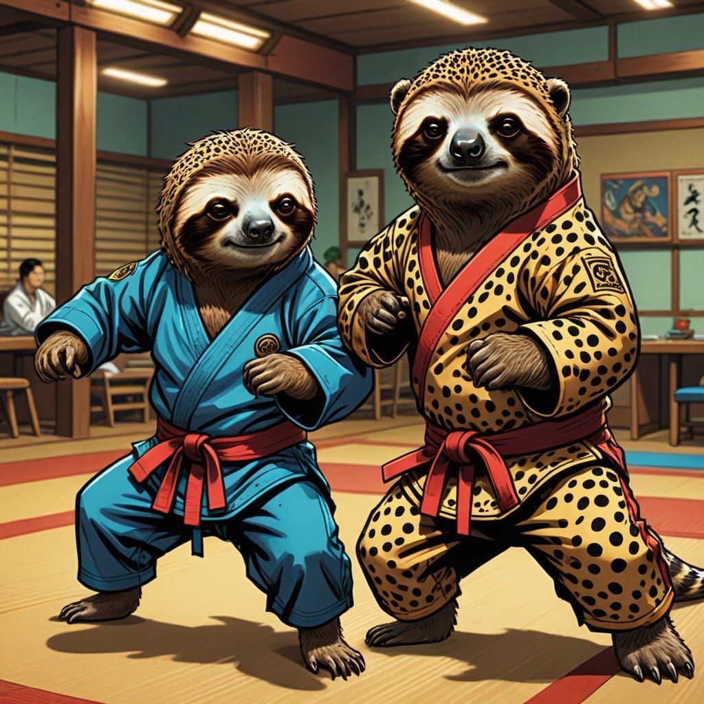 Sloth Versus Cheetah in Karate Comic Book Style