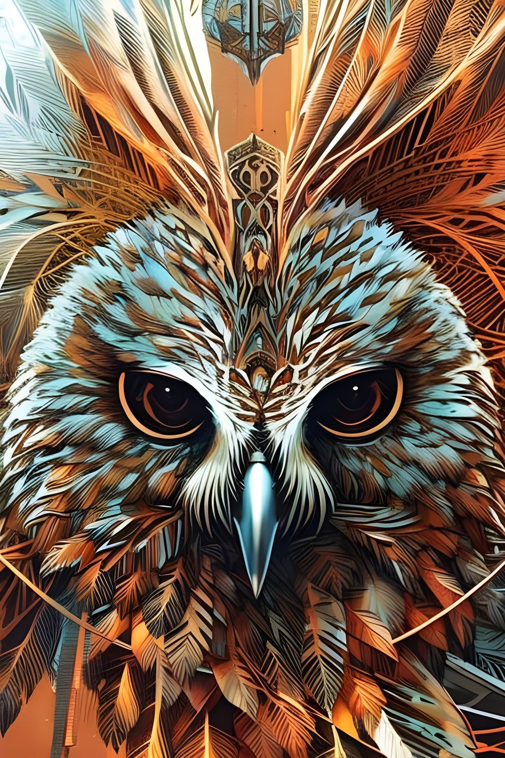 Detailed Ural Owl Portrait with Bronze Outlines