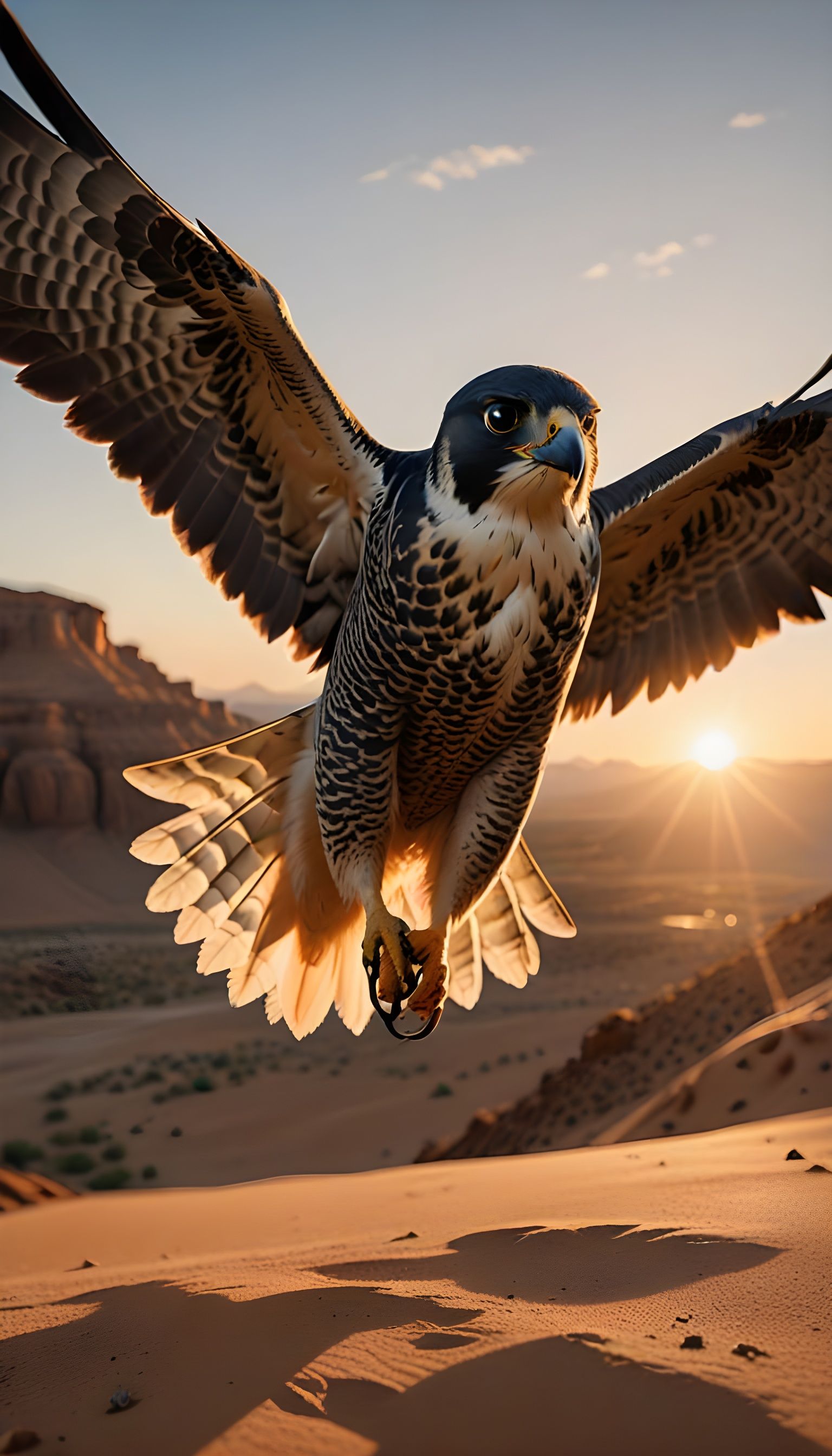 Hyperrealistic Sunset Falcon in Flight