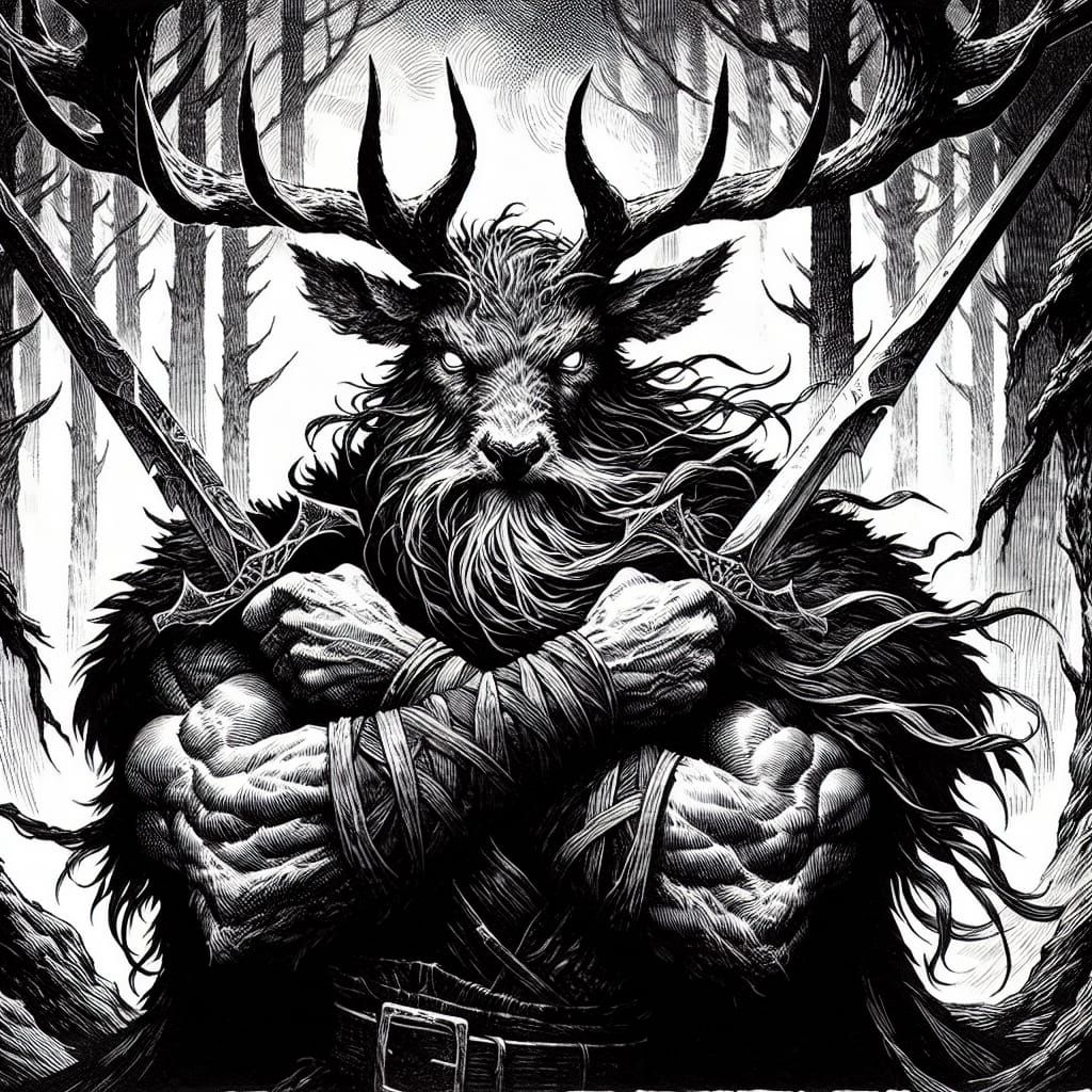 Deer Warrior Gripping Swords in Dark Fantasy Style