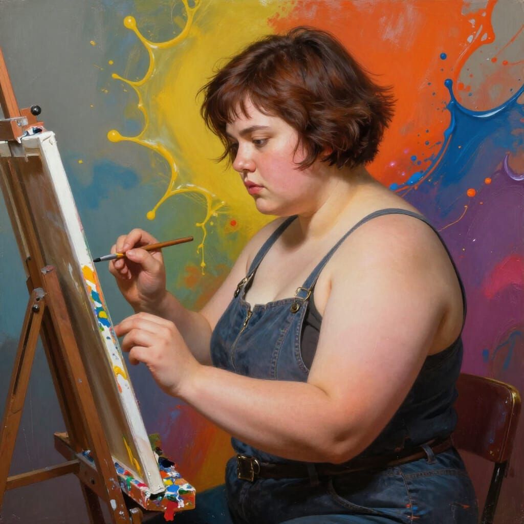 Chubby Artist Painting at Easel in Splash Art Style