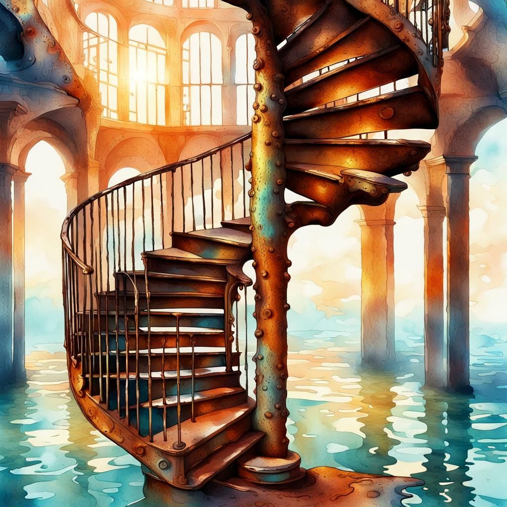 Surreal Melting Staircase in Iridescent Waters