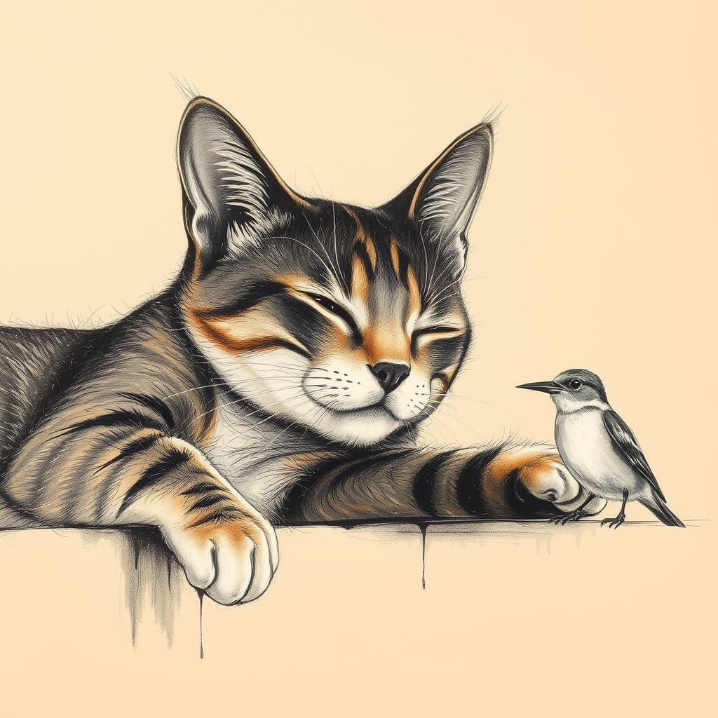 Ethereal Ethiopian Cat Watches Bird in Serene Landscape