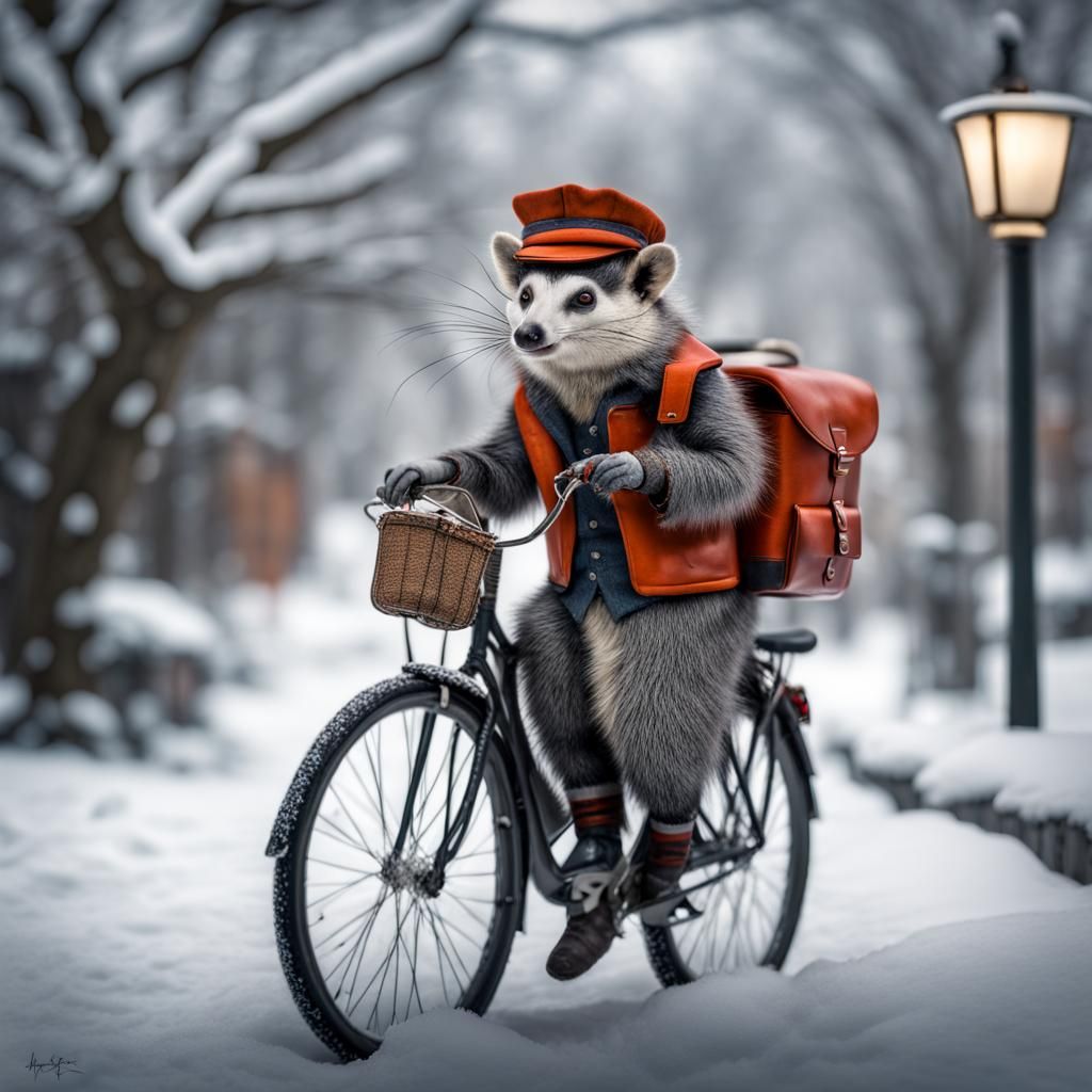 Opossum Postman Rides Through Winter Wonderland