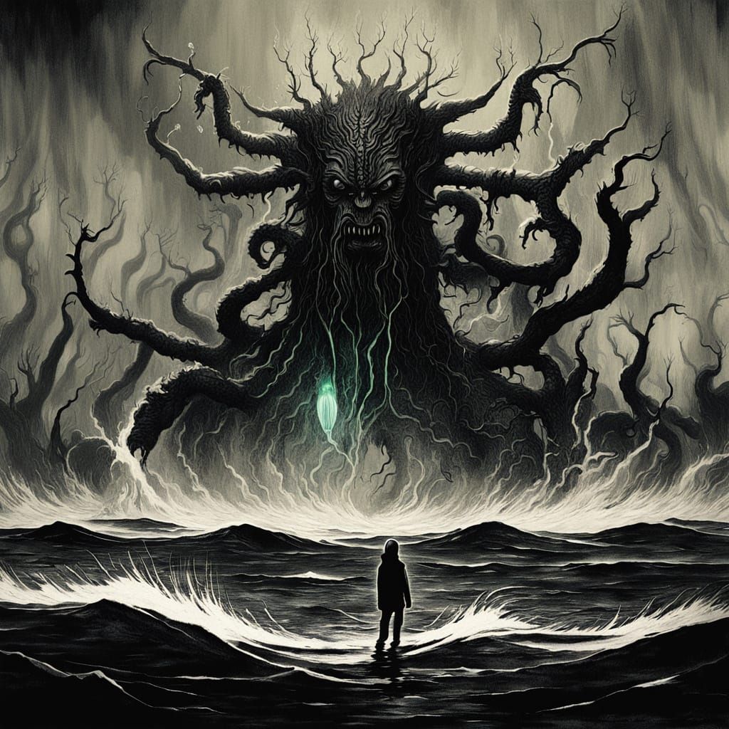 Twisted Sea Monster Confronts Ancient Fishing Boat in Dark F...