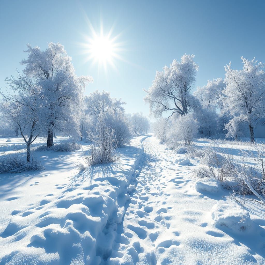 Hoarfrost Winter Landscape with Sunlight Reflection