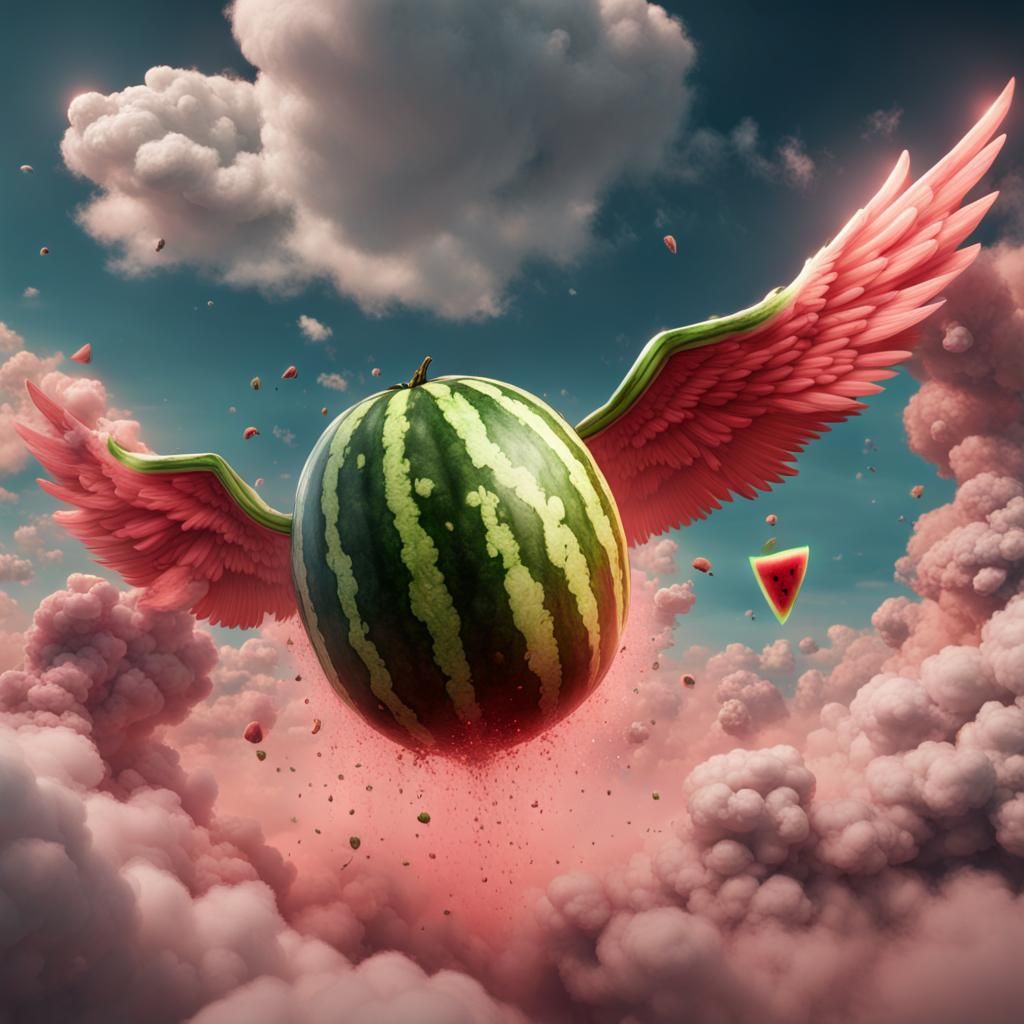 Flying Watermelon with Wings in Cloudy Sky
