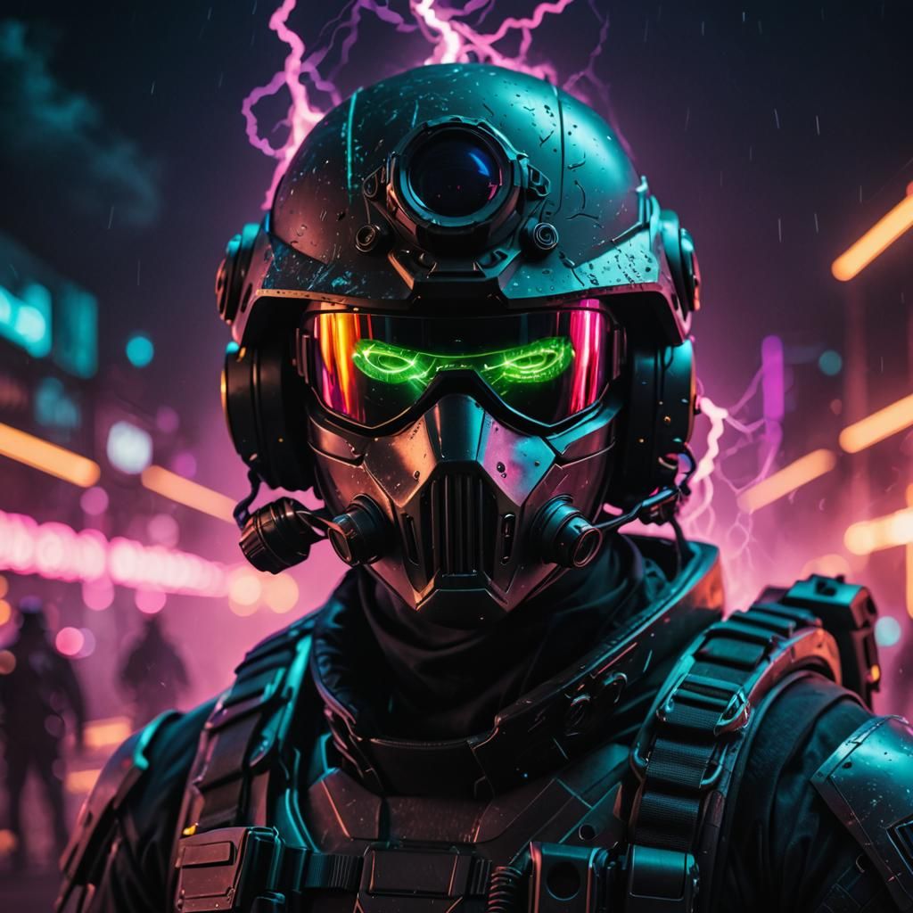 Futuristic Soldier Portrait with Neon Lighting