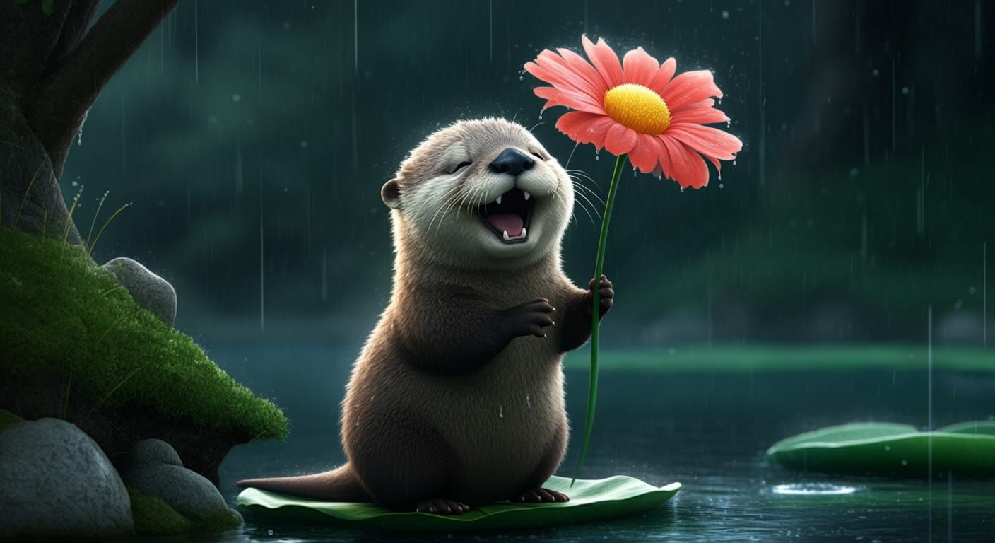 Cute Otter Hugs a Flower in the Rain