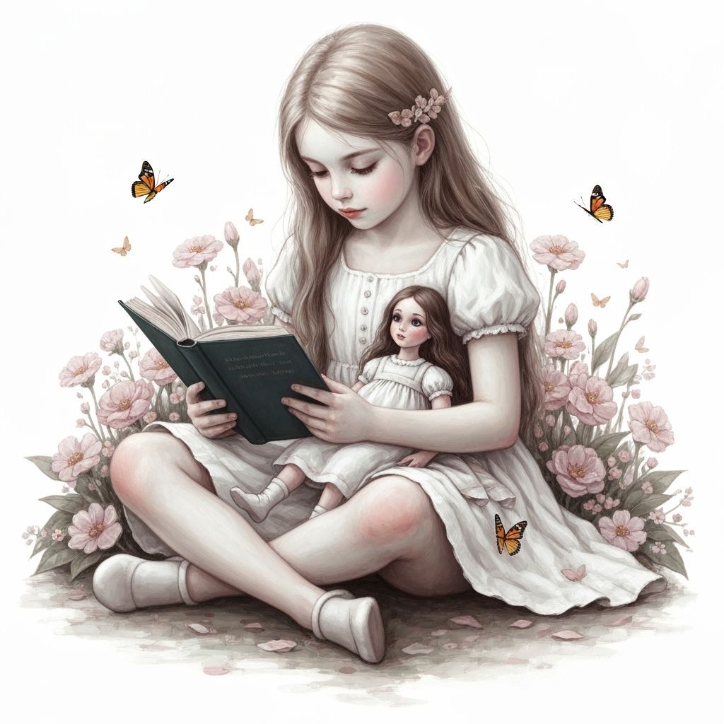Girl Reads Book with Doll Among Flowers