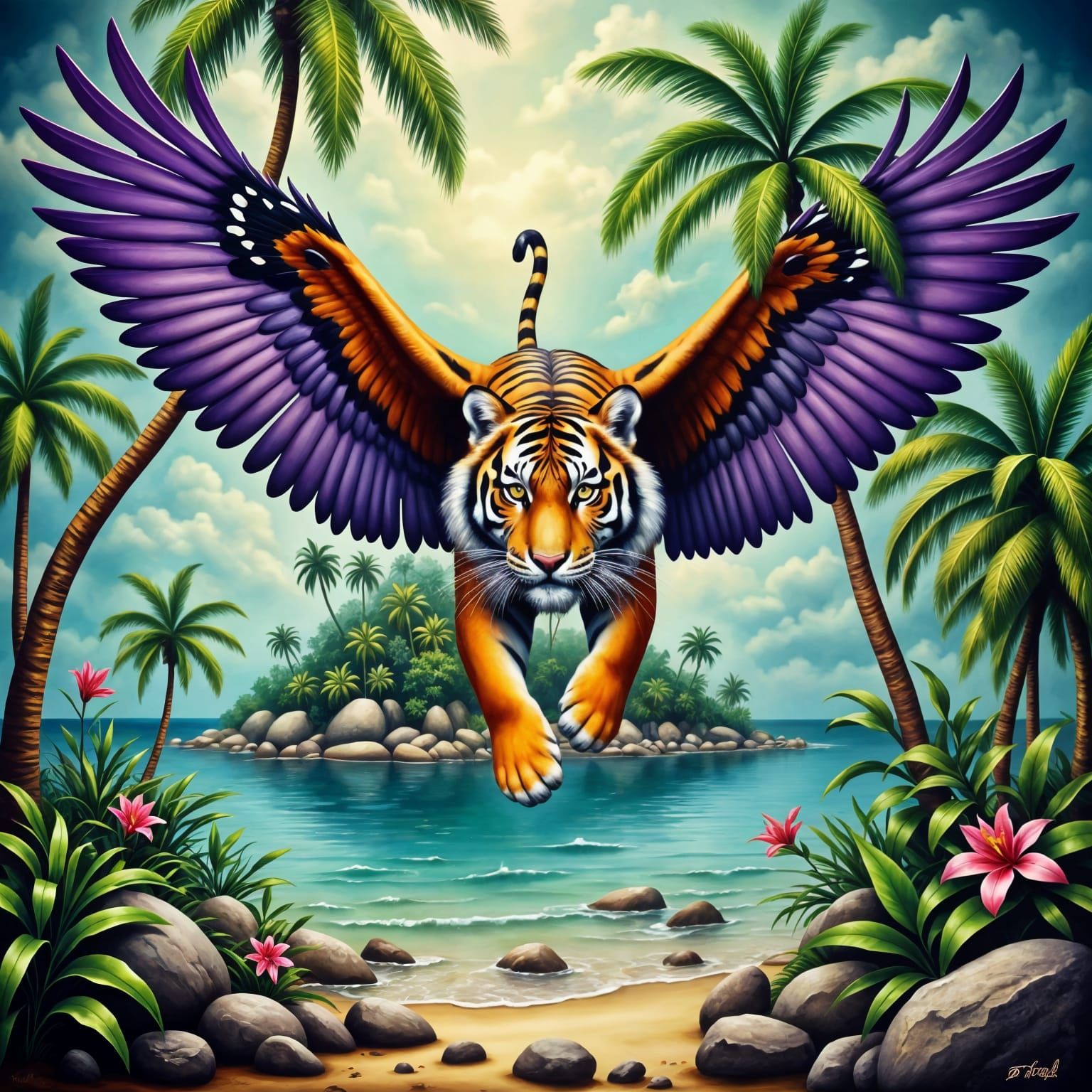 Tiger Soars Over Tropical Paradise in Vibrant Neo-Expression...