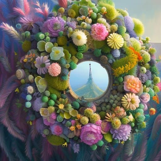 Whimsical Wreath Portrait in Surreal Fantasy Style