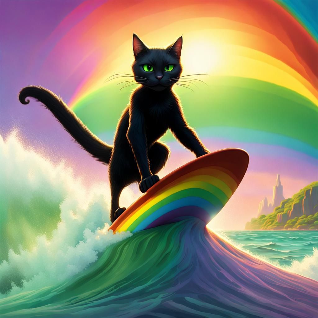 Black Cat Surfing Rainbow Wave: Pixar Concept Art