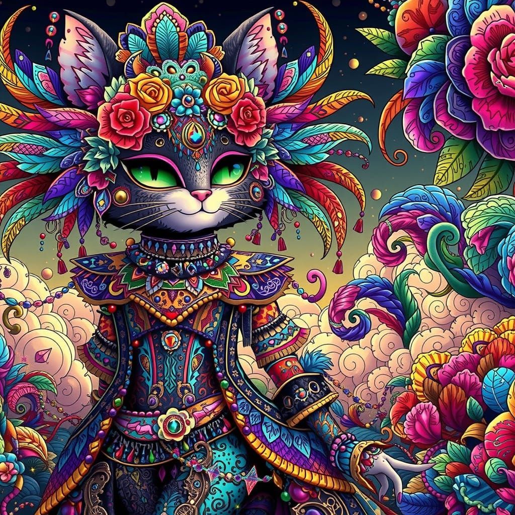 Goth Quetzalcoatl Cat Woman in Vibrant Cutecore Style