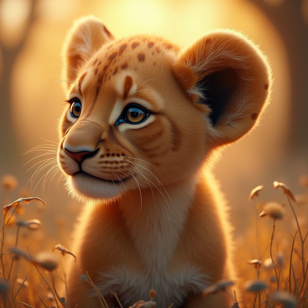 Serene Baby Lion Portrait in Fantasy Realism