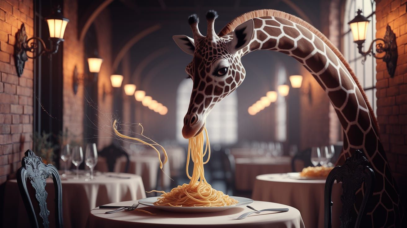 Giraffe Twirling Pasta in Italian Restaurant Dark Fantasy Ar...