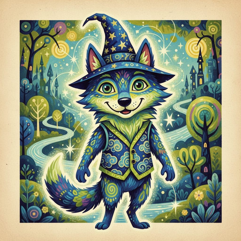 Whimsical Wolf Illustration in Bold Storybook Style
