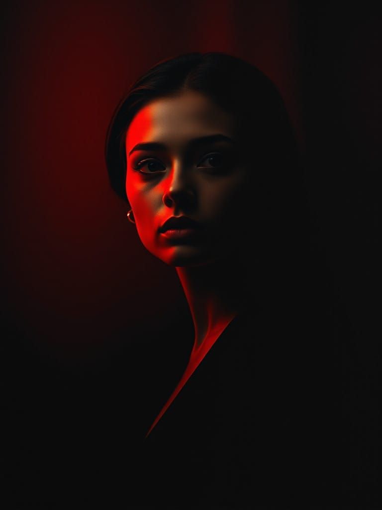 Woman Emerging from Darkness in Fiery Chiaroscuro