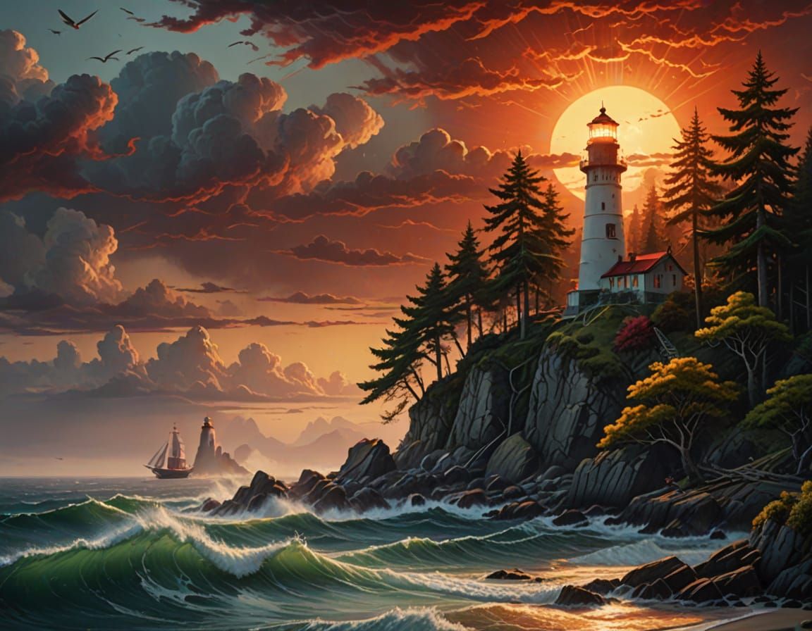 Island Lighthouse with Red Sun: a Hyperrealist Oil Painting