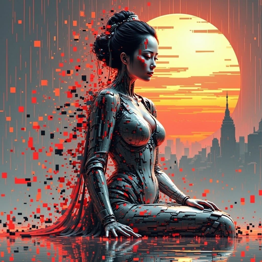 Geisha Cyborg in Glitch Art Style
