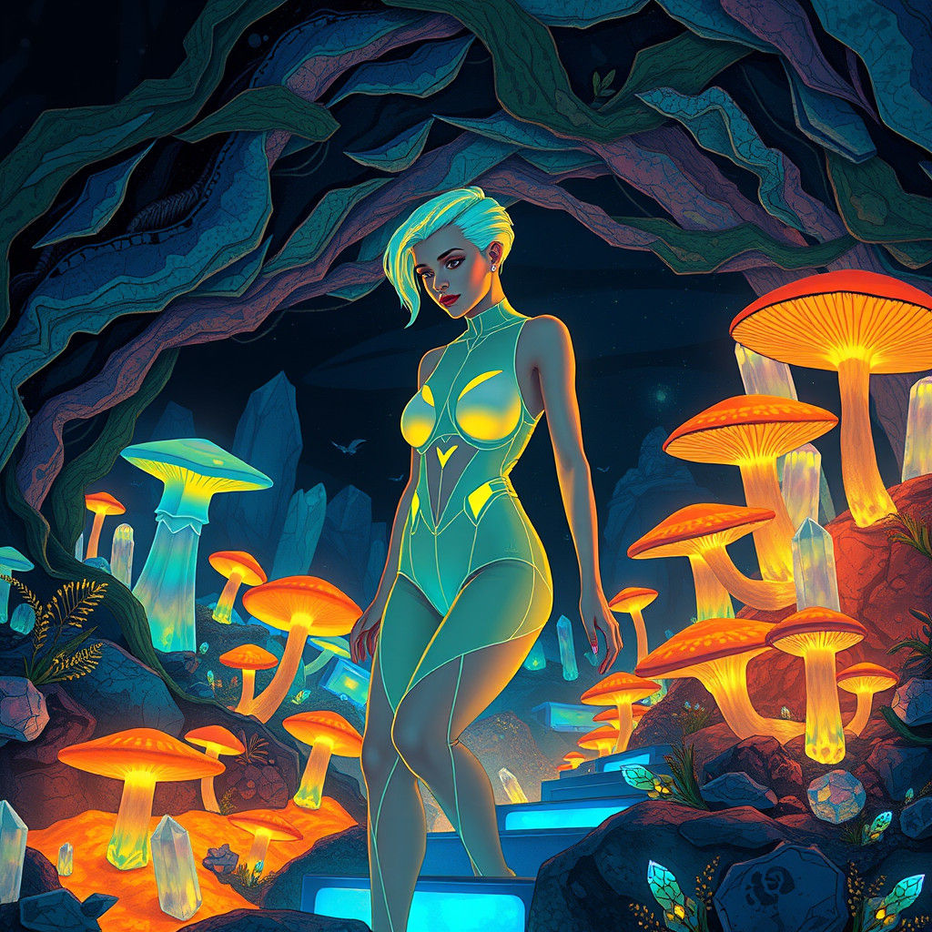 Bioluminescent Jumpsuit in Fauvist Subterranean World
