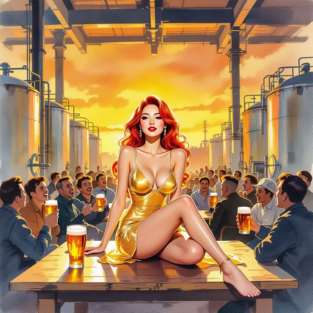 Golden Hour Factory Serenity: Watercolor & Chinese Art Style