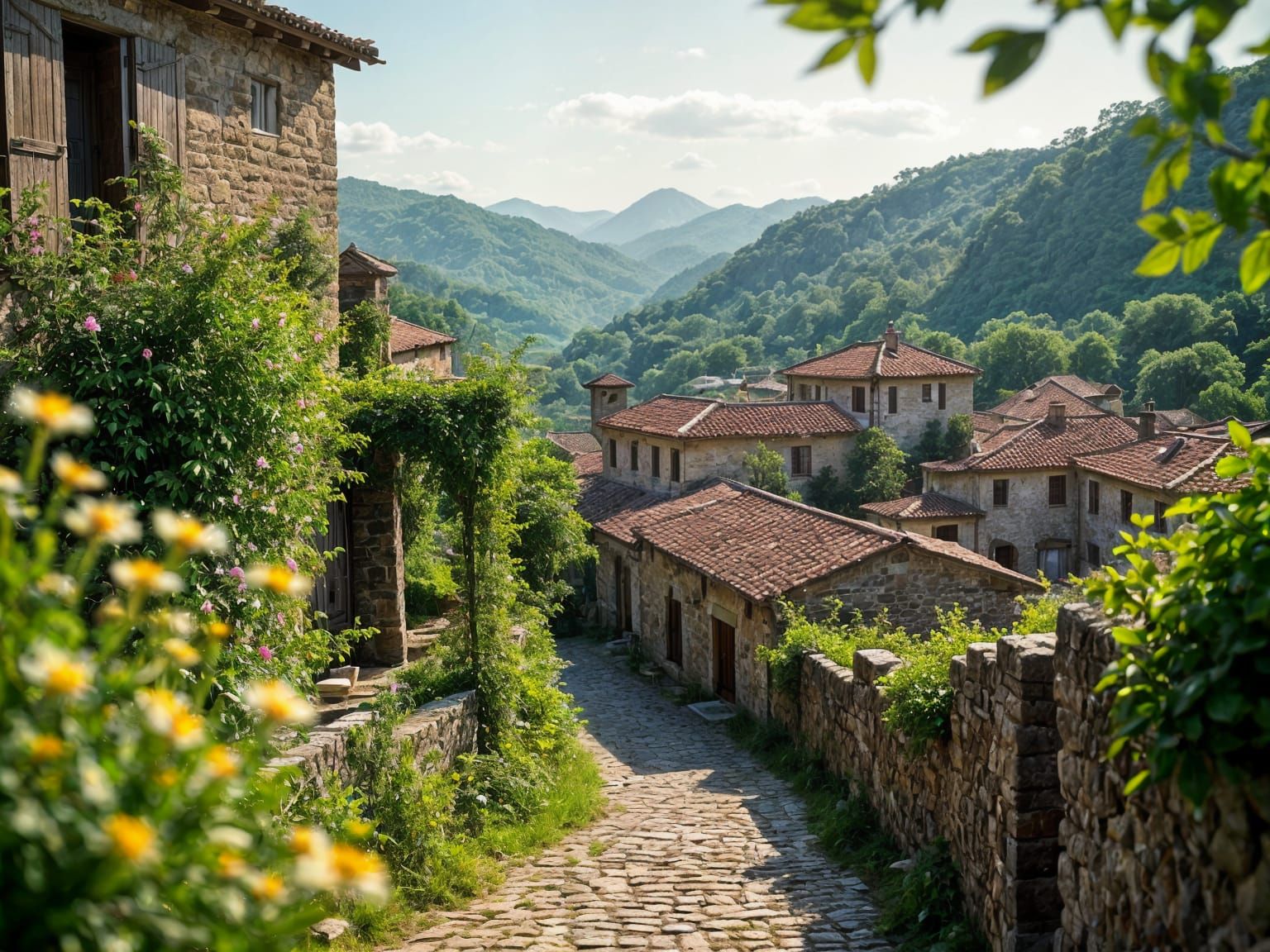 Tranquil Fortified Village in Lush Valley