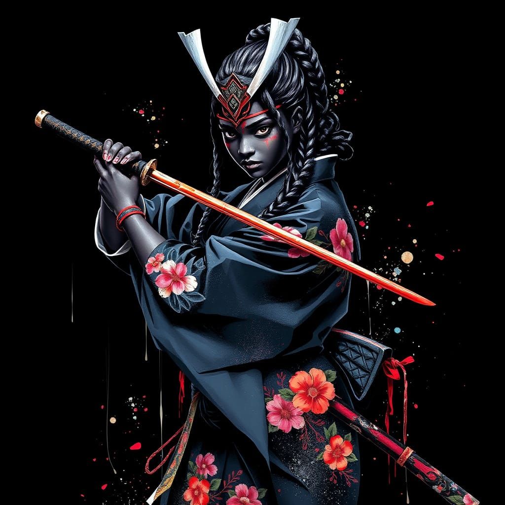 Black Female Samurai in Floral Kimono, Graffiti Art