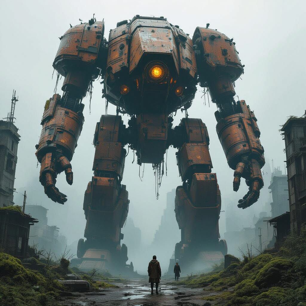 Dieselpunk Mech Sentinel in Bioluminescent City