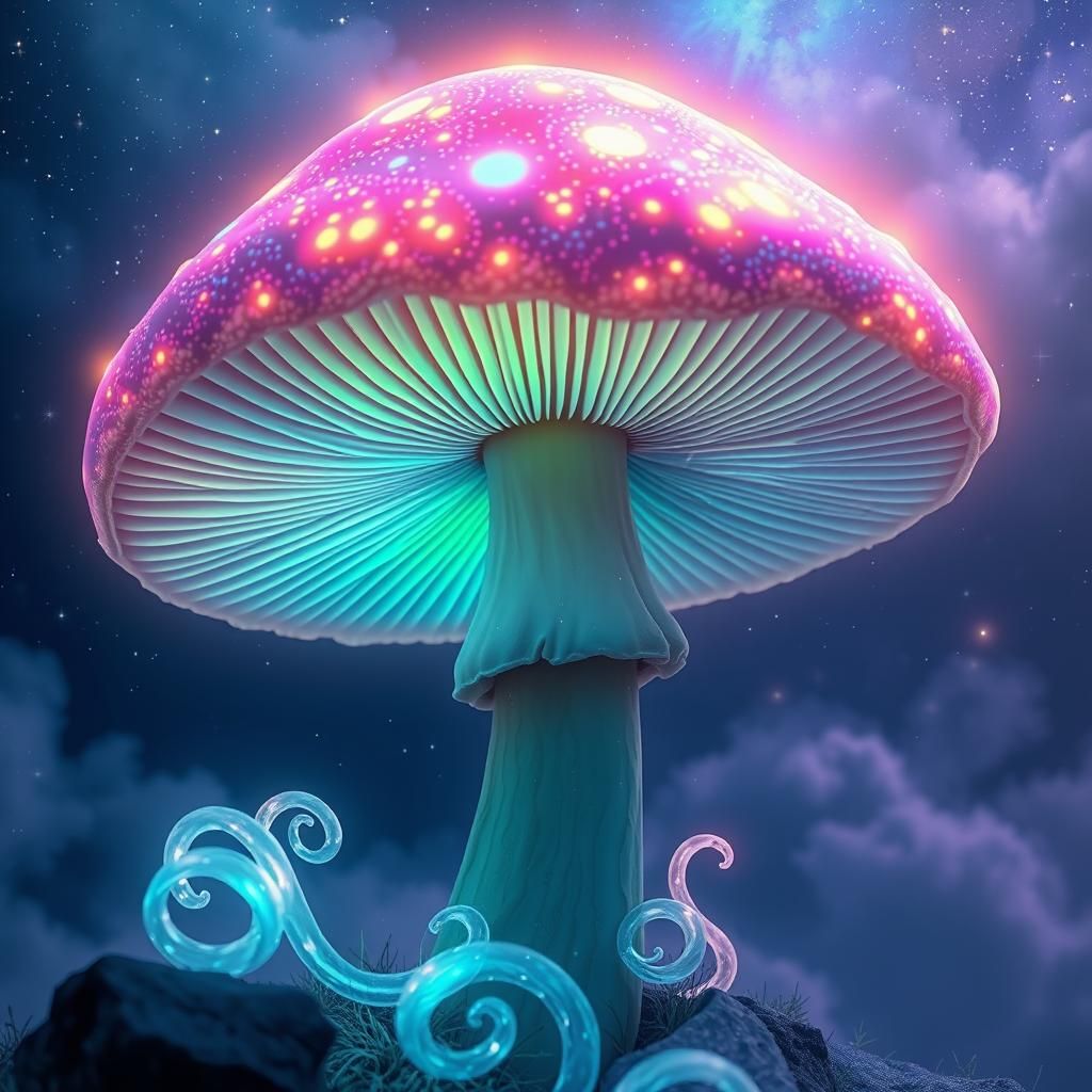 Bioluminescent Mushroom with Astral Cosmic Illustration