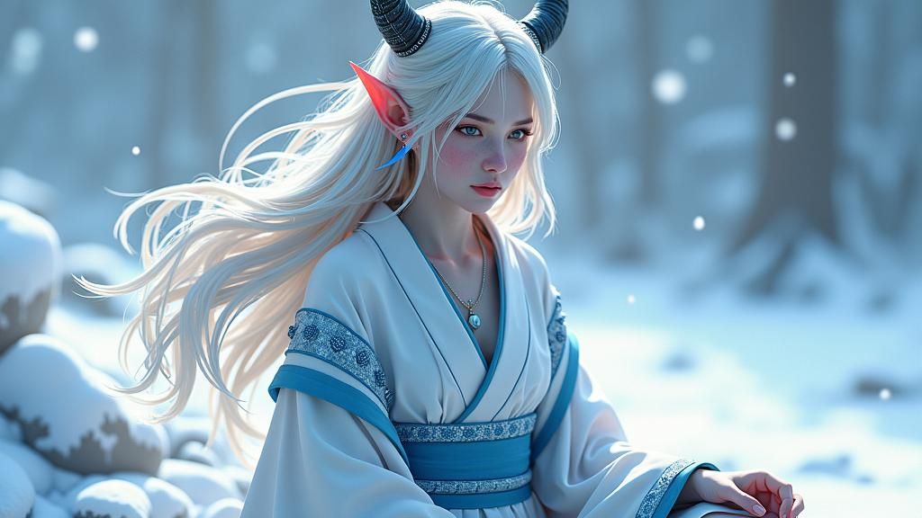Icy Devil Woman in White Kimono, 3D Anime Art