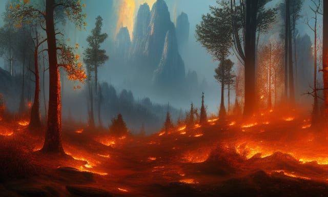 Detailed Forest Fire Matte Painting in Deep Color