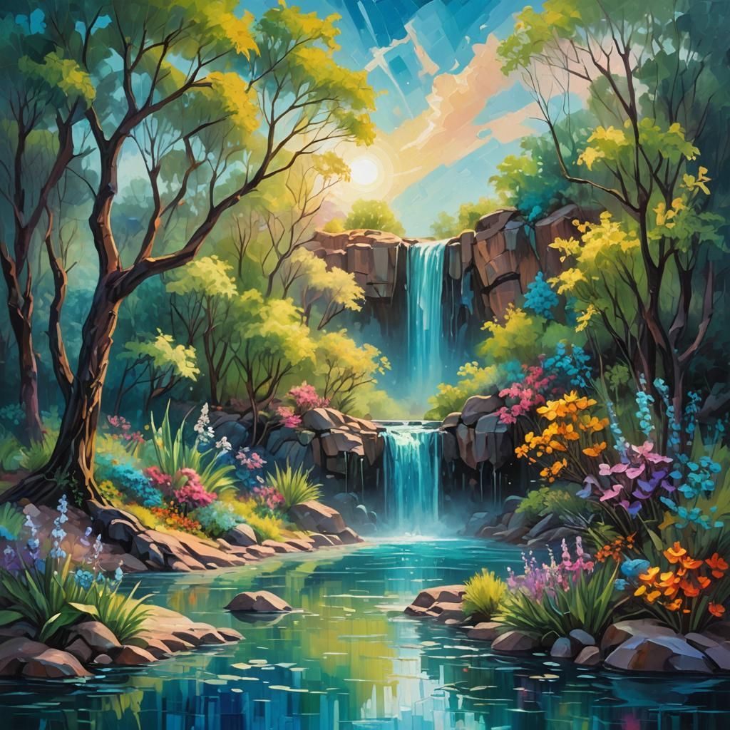 Tranquil Desert Oasis Painting in Impasto Style