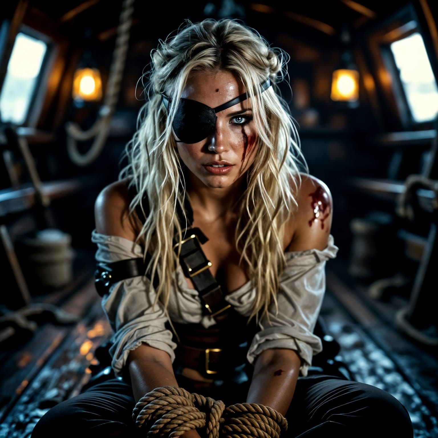 Anxious Blonde Pirate Captive Below Deck