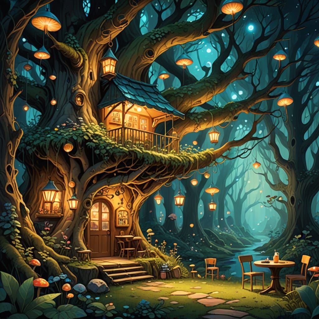 A whimsical woodland café nestled within the roots of an anc...