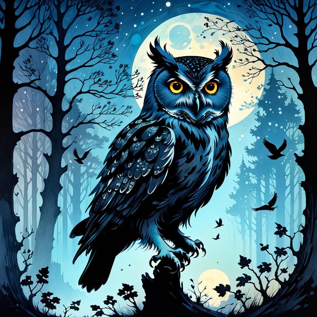 Owl Silhouette in Stippling Style