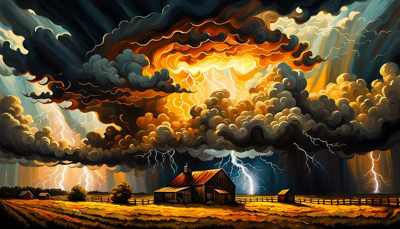 Surreal Cloud Arm Strikes Farm: Impasto Oil Painting