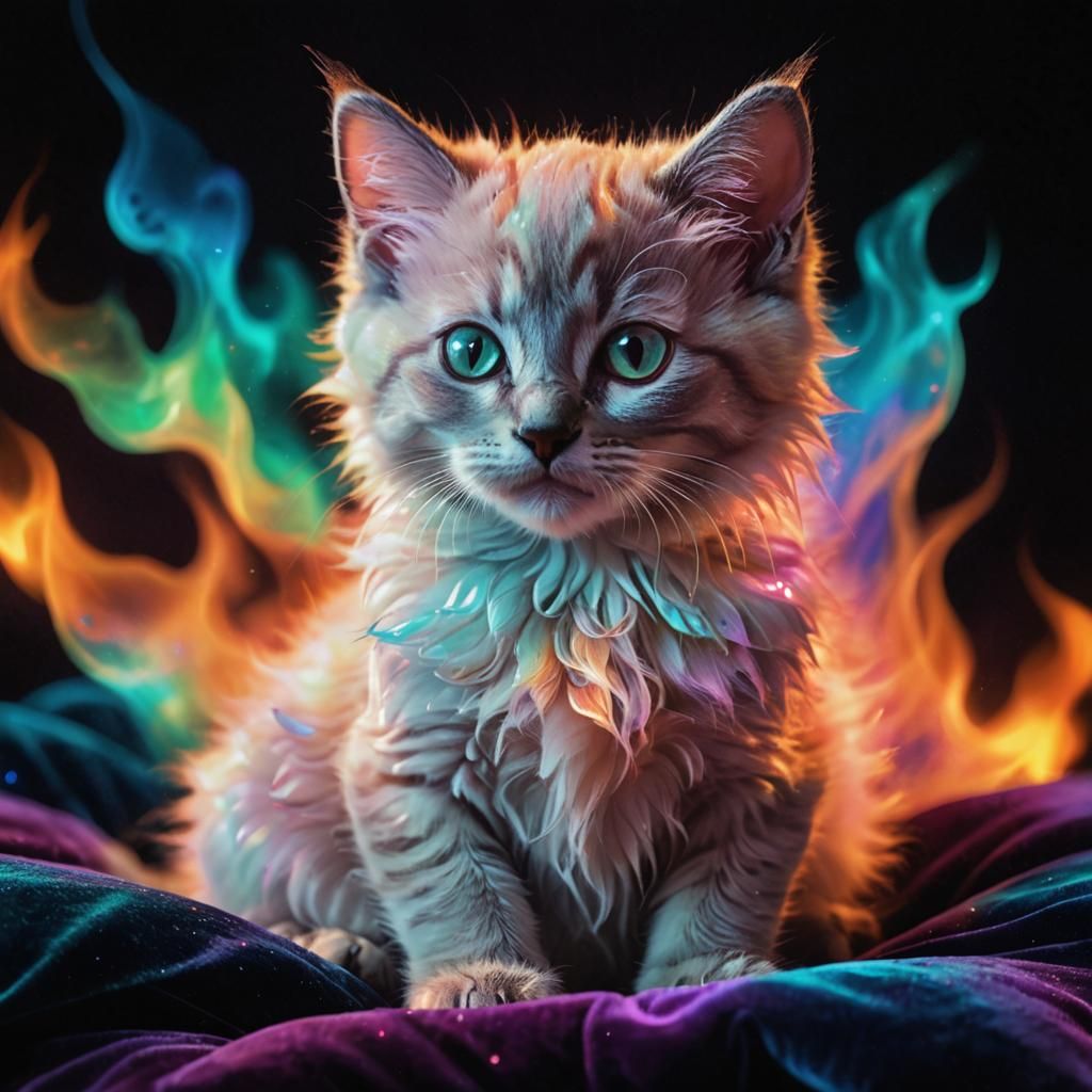 Iridescent Fire Kitten in Mystical Chamber