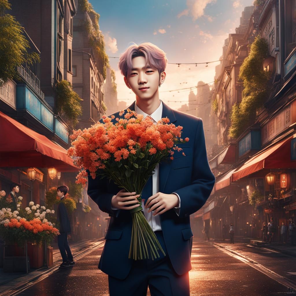 Exo Baekhyun Fanart in City with Flowers