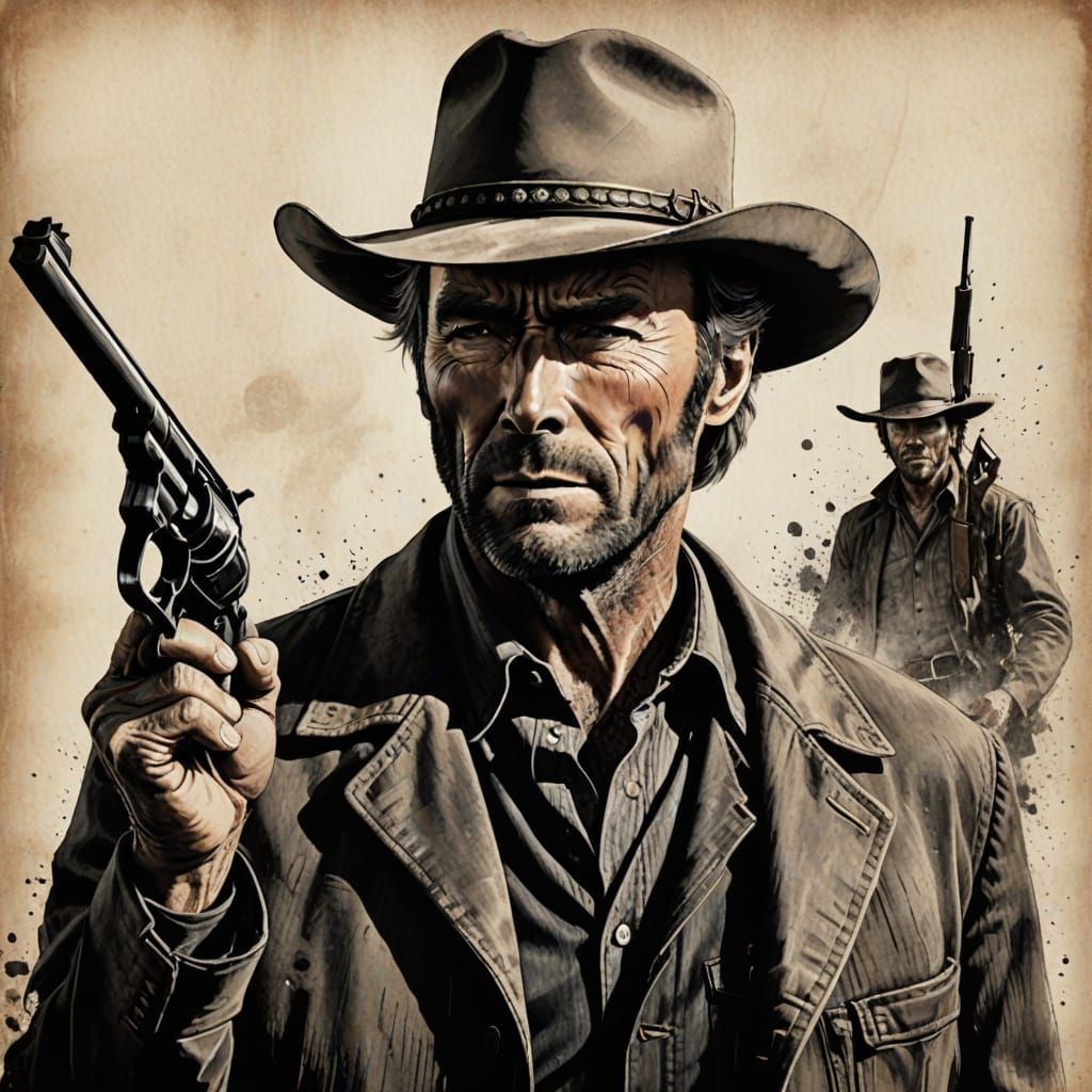 Ink Illustration of Clint Eastwood in Western Style